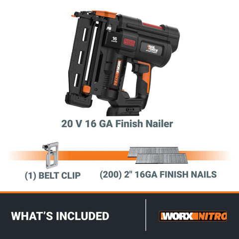 20V 16GA finish nailer with belt clip and 200 2-inch nails, showcasing contents of Worx Nitro package