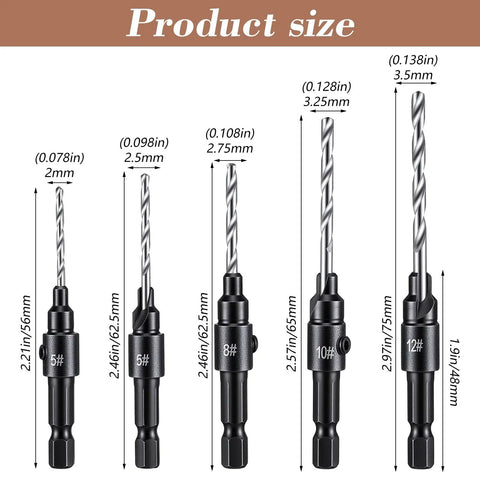 Five Piece Countersink Drill Bit Set With One Quarter Inch Hex Shank, Tapered Adjustable Depth Bits For Wood Metal And Plastic sizes