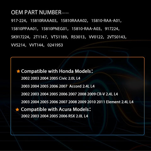 OEM part numbers and compatibility guide for VTEC VVT Solenoid Spool Valve OCV Oil Control Plug And Play Direct Fit Replacement.