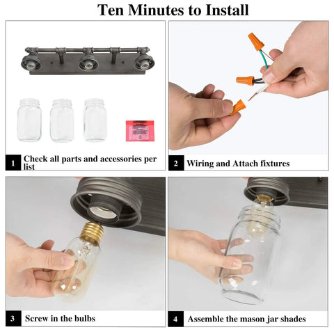 Step-by-step installation of Industrial 3 Mason Jar Vanity Light Fixture, 24 Inch Bathroom Lighting With Antique Silver Brushed Finish