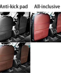 Anti Kick Seat Back Protector For Tesla Cybertruck 2023 And 2024 showing black, red and brown faux leather options with pockets.