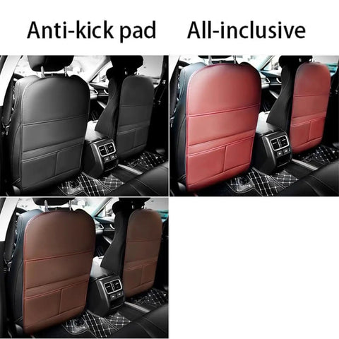 Anti Kick Seat Back Protector For Tesla Cybertruck 2023 And 2024 showing black, red and brown faux leather options with pockets.