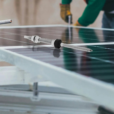 Heavy Duty Stainless Steel Solar Hanger Bolts With Slick Adjustable Height Mounts For All Weather Hitch Free Rooftop Installation And Bull Strong Panel Alignment on solar panel, close-up view.