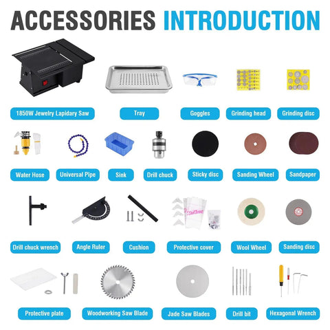 Accessories for Powerful 1850W Jewelry Lapidary Saw With Multi Angle Cutting including tray, goggles, grinding head, and tools.