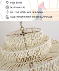 Close-up of hand-woven 5-tier white rattan chandelier detail, showing intricate design. Huge White Rattan Chandelier With 6 Lights Hand Woven 5 Tier Pendant Light For Dining Room Living Room Kitchen Island Foyer Sunroom And Restaurant Adjustable Height Up To 70 Inches.