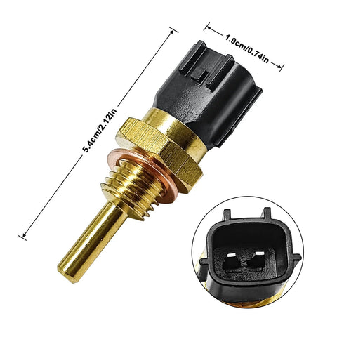 Side view of brass threaded coolant temperature sensor with black 2-pin connector; inset shows connector.