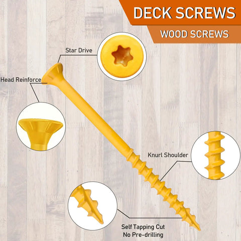 10 X 3 Deck Screws 10 Lb Box Exterior Epoxy Coated Wood Screws Rust Resistant For Outdoor Decking Torx Drive T25 Bit Included Weatherproof Ideal For Harsh Sun Rain Snow, showing detailed screw features