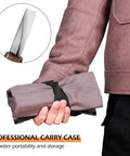 Person holding roll storage bag for 7 In 1 Wood Carving Tool Set For Beginners Featuring Hook Knife with sharpening accessories.