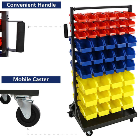 Dual-Sided 9-Tier Rolling Steel Bin Rack With 90 Plastic Bins On Wheels, Heavy-Duty Garage Storage Organizer, 450 Lbs Capacity
