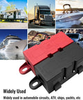 Beefy 500 Amp M8 Bolt On Fuse Holder With Heavy Duty Circuit Protection For Rough Automotive And Industrial Wiring Upgrades. Compact fuse holder in red and black.