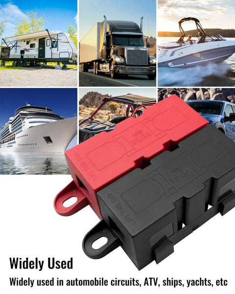 Beefy 500 Amp M8 Bolt On Fuse Holder With Heavy Duty Circuit Protection For Rough Automotive And Industrial Wiring Upgrades. Compact fuse holder in red and black.