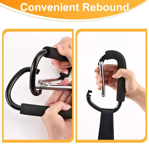 Two Pack Stroller Hooks With 6.3 Inch Large Carabiner Clips for Hanging Diaper Bags, Shopping Bags, and Baby Gear in use