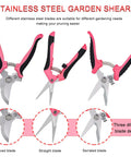 All In One Three Piece Gardening Pruning Set With Bypass Pruners Straight Snips And Floral Shears For Trimming Branches Stems Roses Hedges Herbs Tomatoes And More Outdoor Indoor Garden Tools Pink, showing three tools with various blade styles.