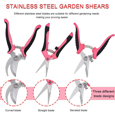 All In One Three Piece Gardening Pruning Set With Bypass Pruners Straight Snips And Floral Shears For Trimming Branches Stems Roses Hedges Herbs Tomatoes And More Outdoor Indoor Garden Tools Pink, showing three tools with various blade styles.
