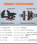 Built Tough Cast Iron Vise With Anvil, 4.5 Inch Jaw Width And 3.3 Inch Opening, detailed product specifications shown.