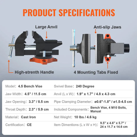 Built Tough Cast Iron Vise With Anvil, 4.5 Inch Jaw Width And 3.3 Inch Opening, detailed product specifications shown.