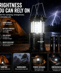 Bright LED Camping Lantern For Power Outages And Hurricane Prep, showing 360-degree lighting in wet conditions with AA batteries.