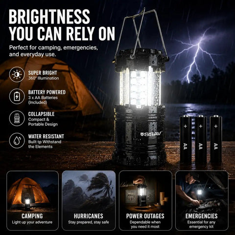 Bright LED Camping Lantern For Power Outages And Hurricane Prep, showing 360-degree lighting in wet conditions with AA batteries.