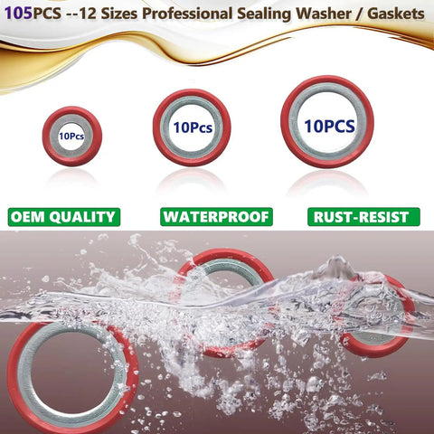 Must Have AC Seal Kit 195Pcs O Ring And Gasket Set showing 12 models of sealing washers with water-resistant feature.