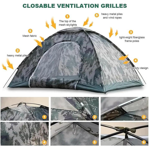 3-4 Person Camping Tent With Rain Fly And Carrying Bag Waterproof Family Dome Shelter shown with ventilation and fiberglass poles