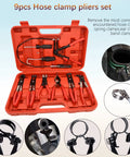 9 Piece Hose Clamp Pliers Set With Long Reach For Auto Hoses displayed in a red case, includes various pliers for hose repairs.
