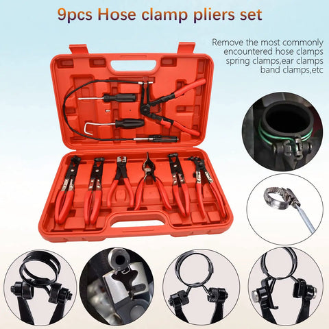 9 Piece Hose Clamp Pliers Set With Long Reach For Auto Hoses displayed in a red case, includes various pliers for hose repairs.