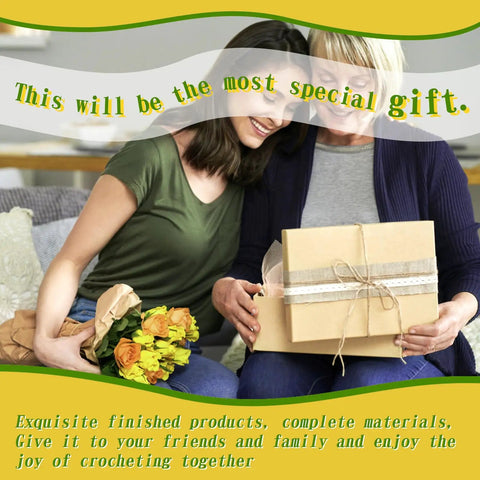 Two women smiling and holding a gift box and flowers, promoting Beginner Crochet Kit Starter Set With Coasters And Plant Pot Projects.