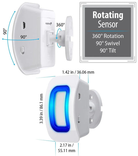 Wireless Door Chime And Driveway Alarm With Motion Sensor For Home And Business, showing rotating sensor and dimensions.
