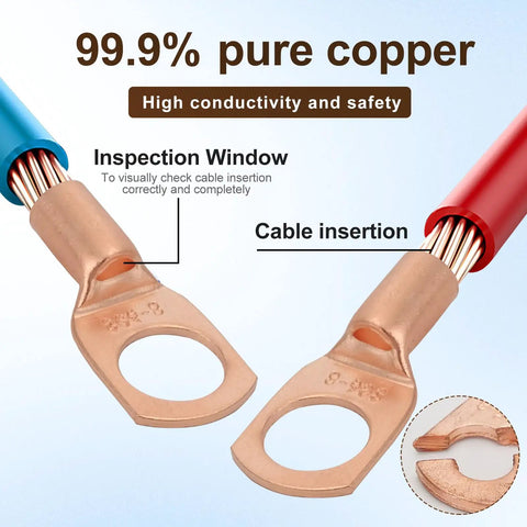 Beefy Heavy Duty Bare Copper Battery Cable Lugs Set, 20Pcs Ring Terminals For 12-10 AWG 5/16 Inch M8 Gauge close-up with copper detail