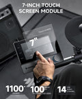 Person using 7-inch touch control module on Beat Electronic Drum Set with 100 kits and 1100 plus sounds.