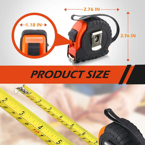 Fifteen Pack 16 Foot Retractable Tape Measures With Easy Read Fractions 1/8 In Orange Case, showing size dimensions