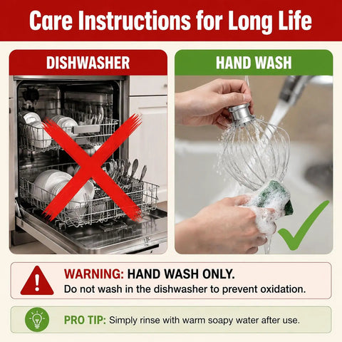 Care instructions for Six-Wire Whisk Attachment For Tilt-Head Mixers, showing hand wash only recommendation.