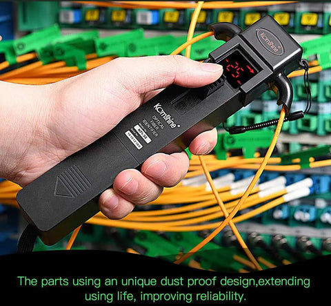Heavy Duty Fiber Optic Identifier Break Checker With Audible Alarm held by technician near network cables