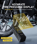 Cordless Tire Inflator With 150 PSI Digital Gauge next to a motorcycle tire showing accurate PSI display and auto shut-off feature.