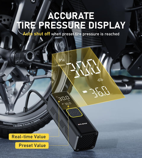 Cordless Tire Inflator With 150 PSI Digital Gauge next to a motorcycle tire showing accurate PSI display and auto shut-off feature.