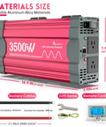 Heavy Lifter Three Thousand Five Hundred Watt Pure Sine Wave Power Inverter with dimensions, featuring durable aluminum material and LCD screen.