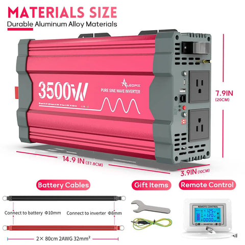 Heavy Lifter Three Thousand Five Hundred Watt Pure Sine Wave Power Inverter with dimensions, featuring durable aluminum material and LCD screen.
