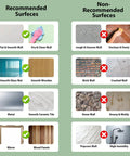 Recommended and non-recommended surfaces for No Sweat Peel And Stick Faux Wood Slats Self Adhesive Wall Panels.