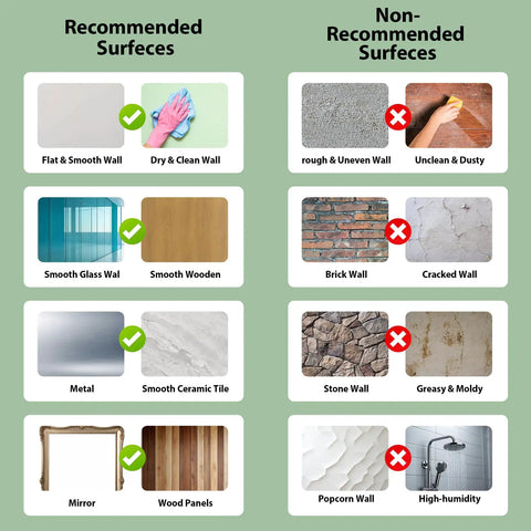 Recommended and non-recommended surfaces for No Sweat Peel And Stick Faux Wood Slats Self Adhesive Wall Panels.