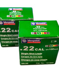 Box of Low Velocity 0.22 Caliber Powder Loads for Dog Training Dummies, 150 Feet Range, 100 Count, green packaging.