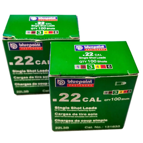 Box of Low Velocity 0.22 Caliber Powder Loads for Dog Training Dummies, 150 Feet Range, 100 Count, green packaging.