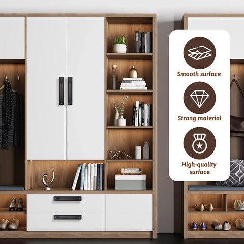 Modern white wardrobe with 2 Pack Sliding Door Pull Handles Black Matte Aluminum Hole Center Gate Handles for Wooden Doors Cabinets.