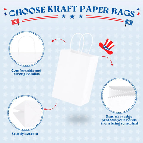 White Kraft Paper Gift Bags With Handles Bulk 5.25 X 3.75 X 8 Inches 1000 Pack Eco Friendly Recycled Paper For Small Business Made In USA Great For Party Favors Weddings Boutiques Retail Stores, featuring design elements and sturdy handles.