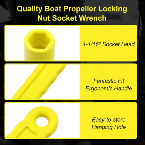 27mm Prop Wrench For 1 1 Sixteenth Inch Nuts Long Handle Propeller Socket For Mercury Mercruiser Alpha Outboards Stern Drives Pontoon And Fishing Boats Built Tough Yellow Plastic with ergonomic handle and hanging hole