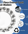 Close-up of Beefed Up Heavy Duty Stainless Steel External Tooth Lock Washer Kit with star washers features and benefits.