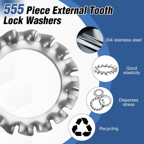 Close-up of Beefed Up Heavy Duty Stainless Steel External Tooth Lock Washer Kit with star washers features and benefits.