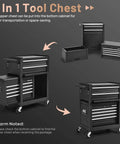 Six Drawer Rolling Tool Chest With Locking Cabinet On Wheels, 3 In 1 Tool Cabinet With Sliding Drawers And Removable Top Box, Heavy Duty Steel Construction For Garage Workshop Storage And Quick Access, shown in assembled and separated views.