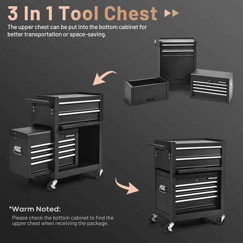 Six Drawer Rolling Tool Chest With Locking Cabinet On Wheels, 3 In 1 Tool Cabinet With Sliding Drawers And Removable Top Box, Heavy Duty Steel Construction For Garage Workshop Storage And Quick Access, shown in assembled and separated views.