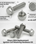 Heavy Duty M6 X 25mm Stainless Steel Ignition Coil Mounting Bolts 4 Piece Kit with serrated flange for vibration resistance.