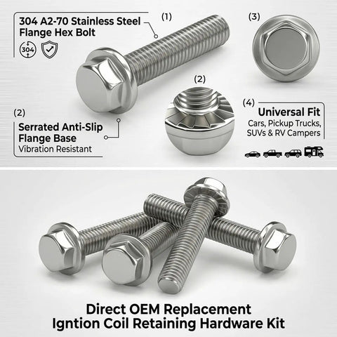 Heavy Duty M6 X 25mm Stainless Steel Ignition Coil Mounting Bolts 4 Piece Kit with serrated flange for vibration resistance.